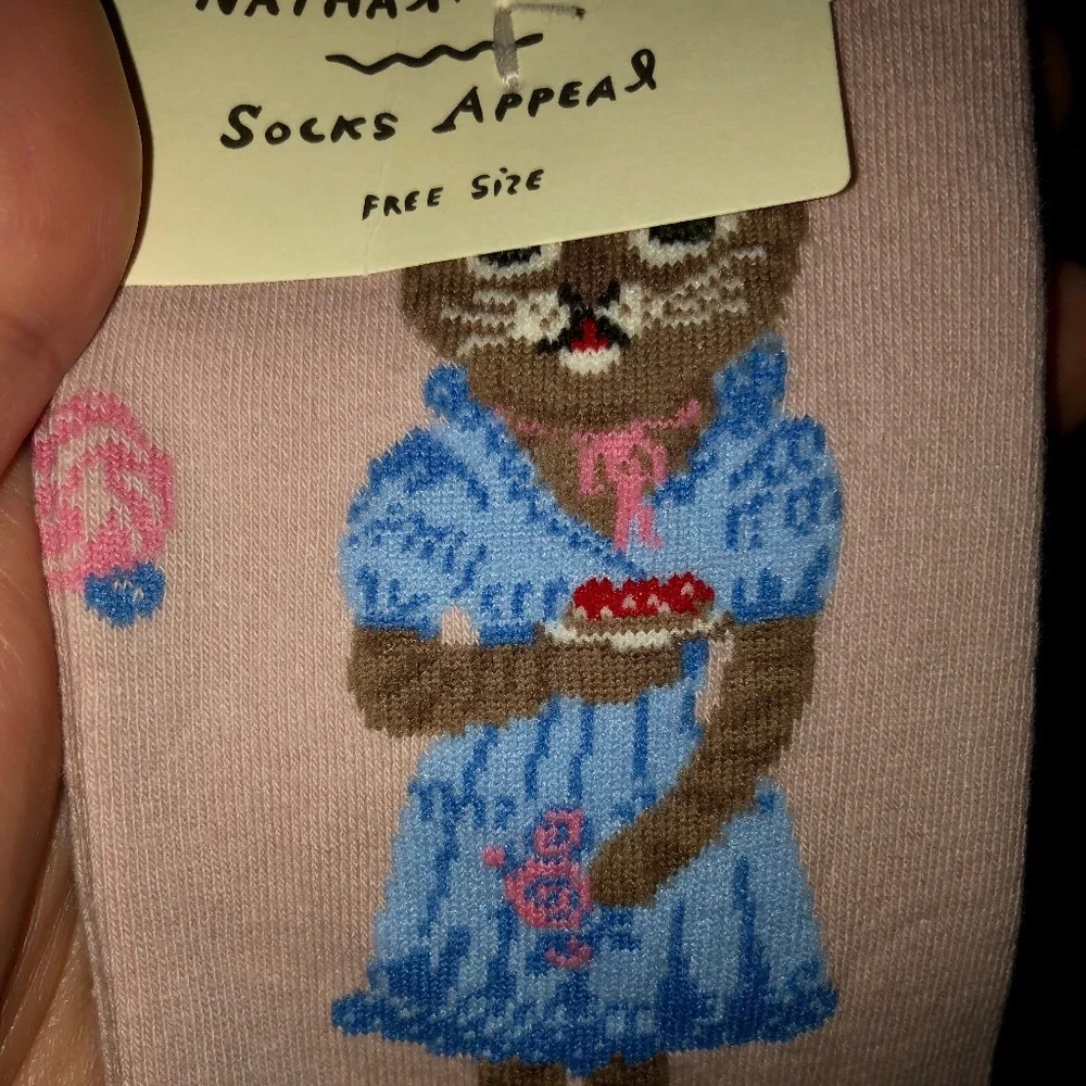 Nathalie Lete Socks Cat Lady In Pink US 6-10 w/ Ruffle Top Whimsical Artsy - Picture 1 of 5